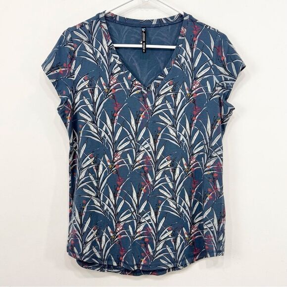 Kuhl Dusty Blue Botanical Print Cap Sleeve V Neck Cotton Blend T Shirt - Picture 1 of 16